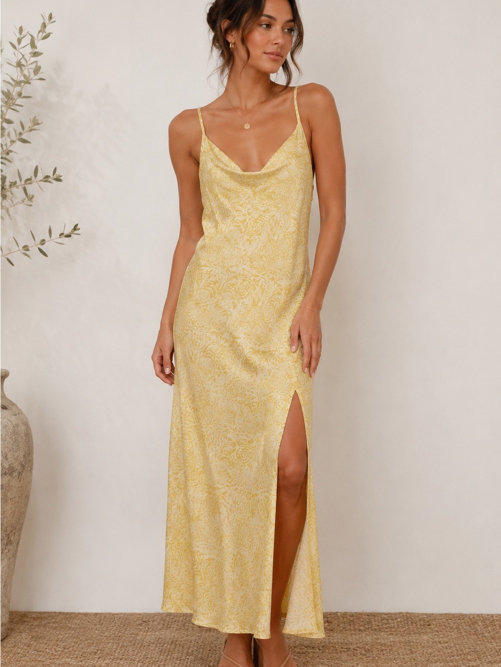 Paper Heart Yellow Floral Slip Dress M Cowl Neck Side Slit